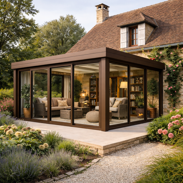 Entreprise pour extension de maison avec véranda à toit plat en aluminium à Pinsac (46) dans le Lot