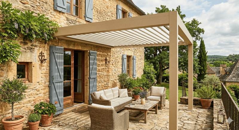Pergola bioclimatique aluminium installée sur maison traditionnelle à Sarlat 